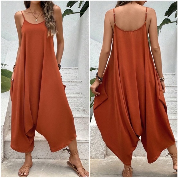 Boho Orange Pocket Harem Leg Cami Jumpsuit XS S M L - Picture 2 of 2